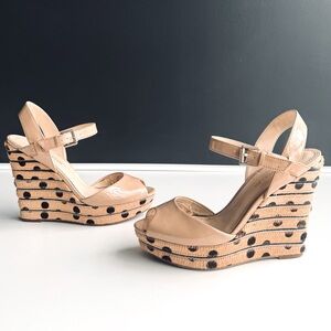 Enzo Angelini Patent Wedge Sandal with Fur Detail on Heel